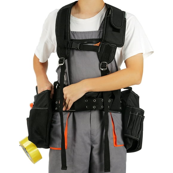 KFFKFF Carpenter's Tool Belt with Harness, 29 Storage Spaces, Waist Adjustable from 29" to 54", Durable 600D Polyester Construction Pouch for Electricians, Carpenters, and Garden Work, in Black
