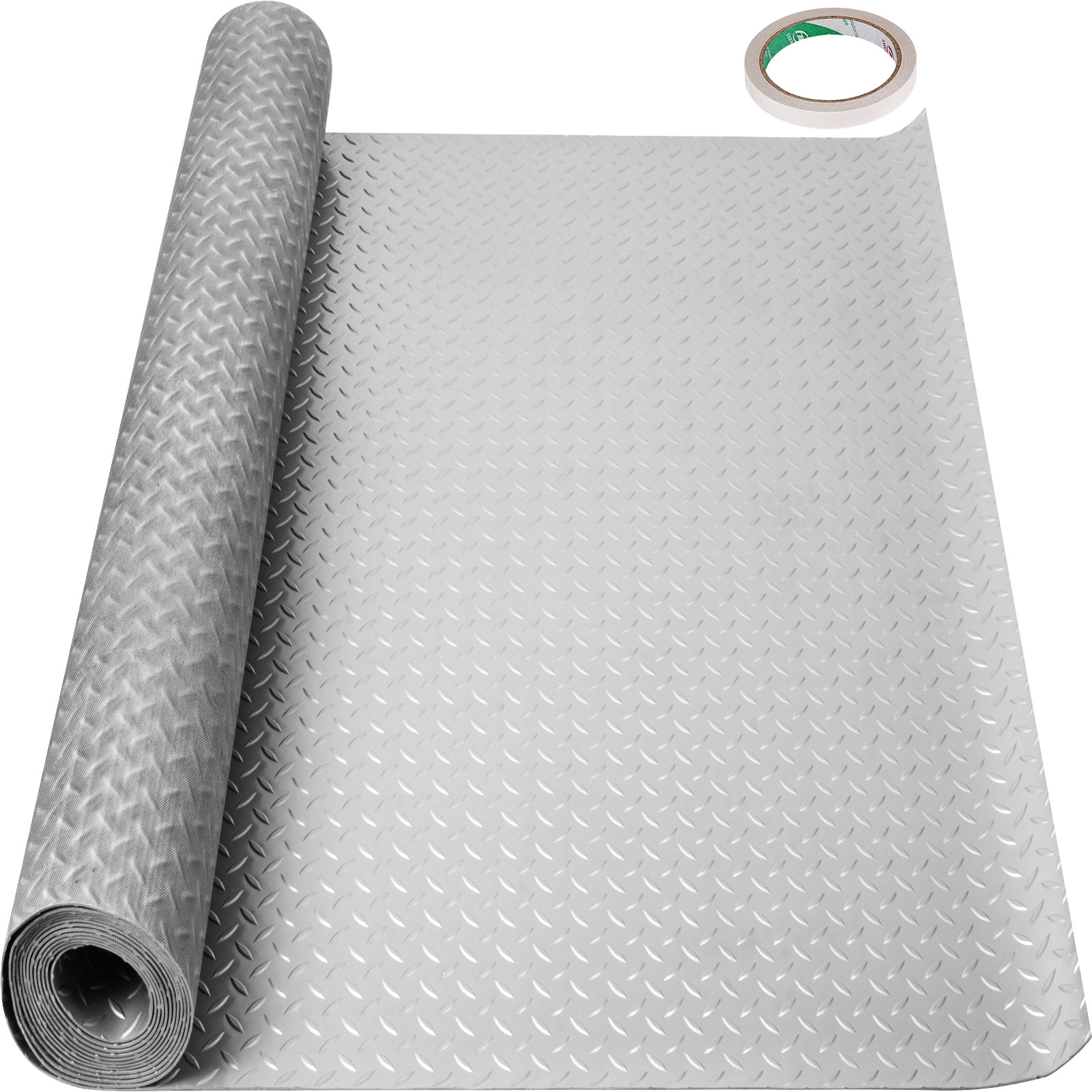 KFFKFF Carport Flooring Mat, Dimensions 157.48 x 59.05 inch, PVC, Features Anti-slip Diamond Pattern, Covers an Area of 64.58 sq.ft, Ideal for Car Shelters, Gymnasiums, Boats, Presented in Silver