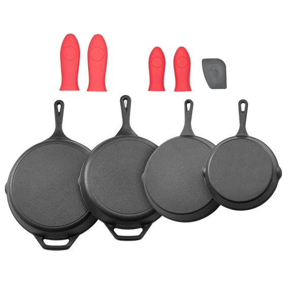 KFFKFF Cast Iron Skillet Set, 4-Piece Frying Pan Collection (6, 8, 10, 12 in), Pre-Seasoned Pans with Silicone Handles, Versatile Cookware for Oven, Gas, Electric, and Induction Cooking, Black