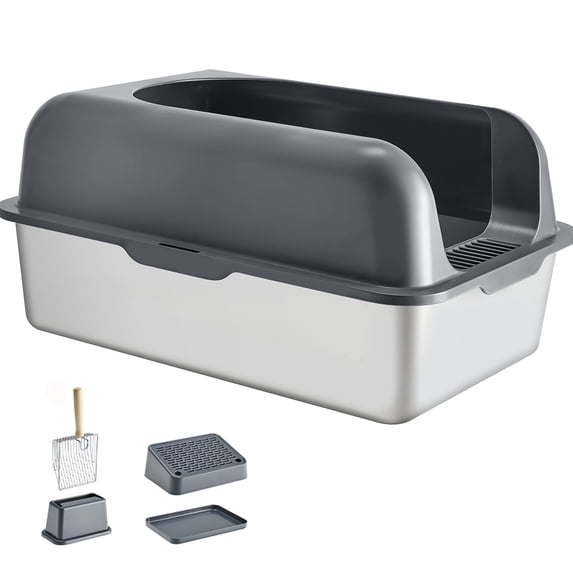 KFFKFF Cat Litter Tray, 6in Depth, XL Size, Stainless Steel, Includes Scoop, Broad Filter Step & Tall Edges, Sealed Design for Odor Control, Simple Cleaning, Suitable for Larger Cats