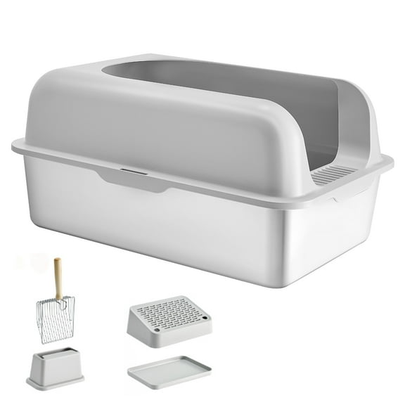 KFFKFF Cat Litter Tray, 6in Depth, XL Size, Stainless Steel, Includes Scoop, Broad Filter Step & Tall Edges, Sealed Design for Odor Control, Simple Cleaning, Suitable for Larger Cats