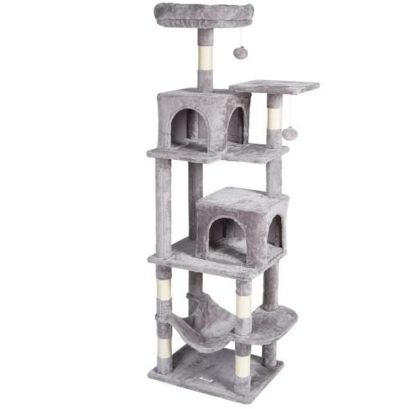 KFFKFF Cat Tree Tower 63" Multi-Level Cat Stand with Dual Kitty Condos, Sisal Post, Cozy Hammock, Observation Spot, Play Levels, Interactive Toy, Spacious Cat Playhouse (Light Grey)