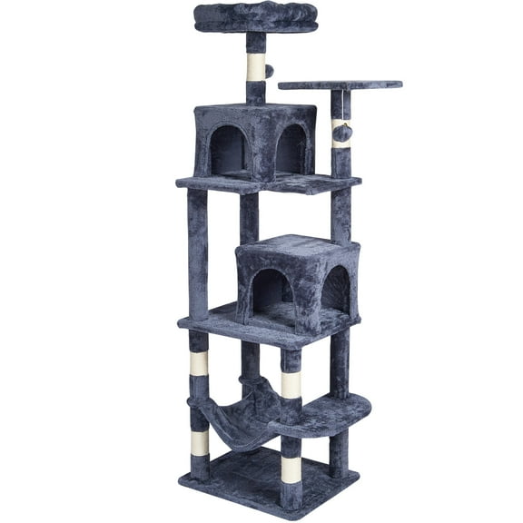 KFFKFF Cat Tree Tower 63" Multi-Level Cat Stand with Dual Kitty Condos, Sisal Post, Cozy Hammock, Observation Spot, Play Levels, Interactive Toy, Spacious Cat Playhouse (Dark Grey)