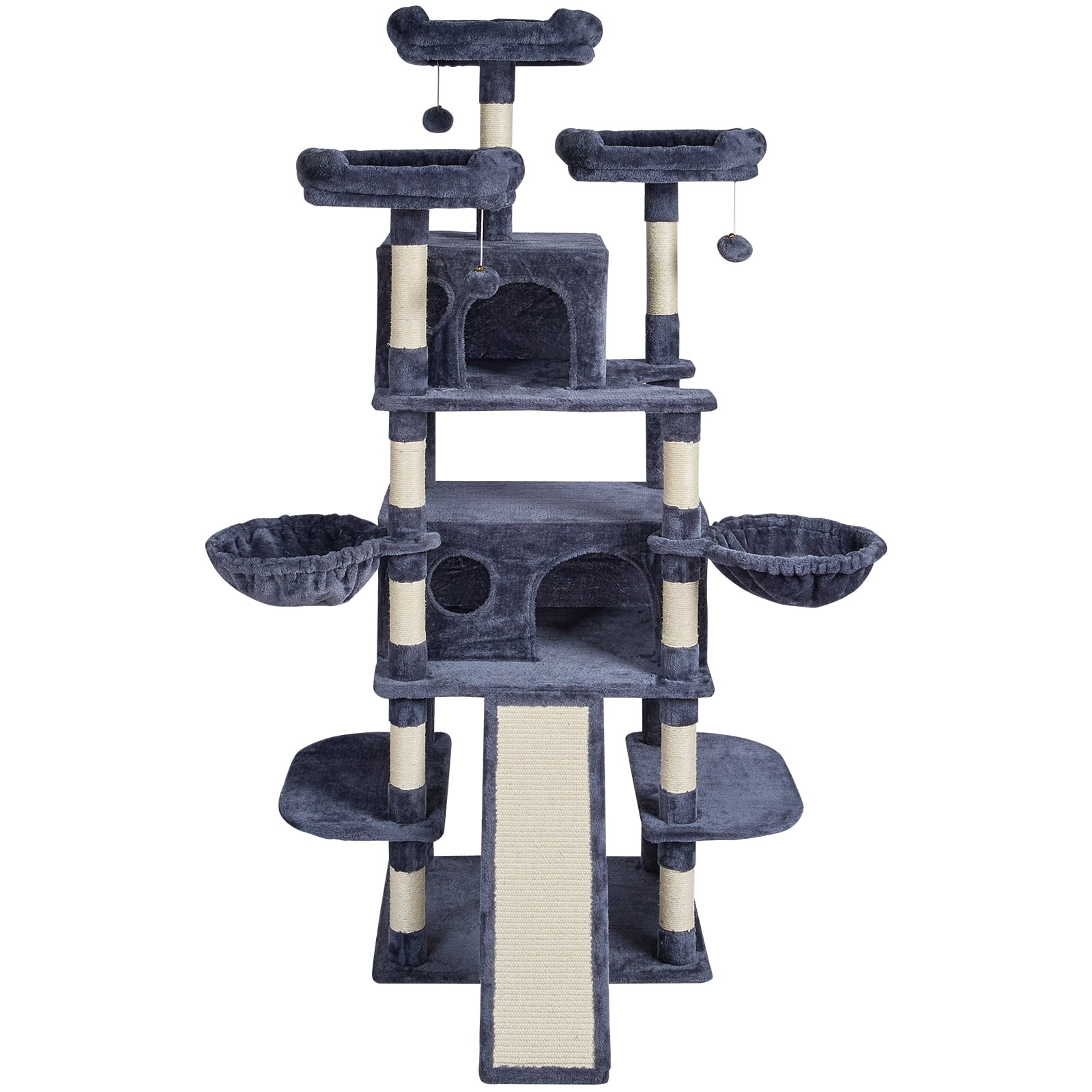 KFFKFF Cat Tree Tower 68.5" Indoor Cat Climbing Frame, Multi-Level Playhouse, Indoor Cat Playground with Dual Condos, Sisal Posts, Hammocks, Activity Platforms, Ramp, Play Balls (Dark Grey)