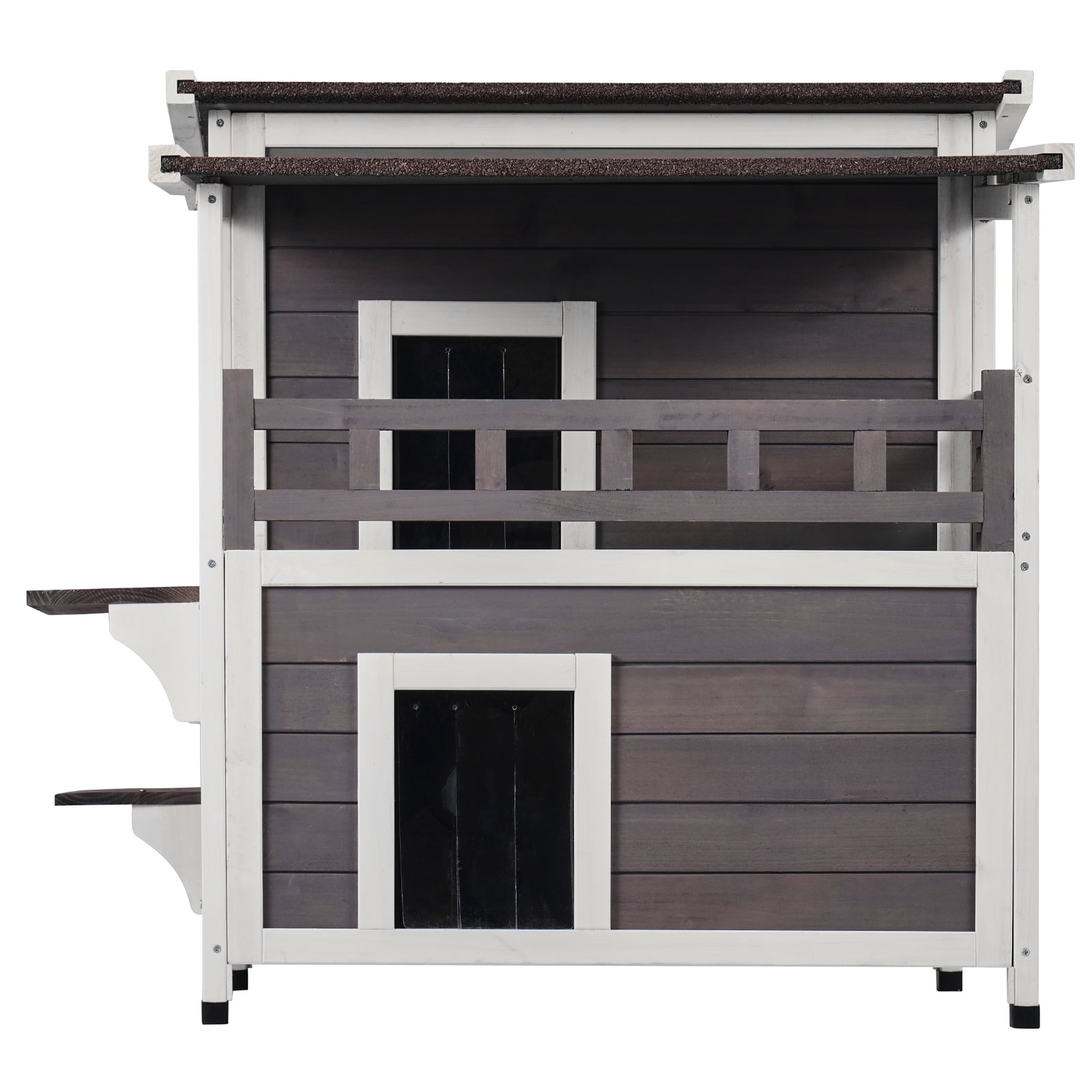 KFFKFF Cat Wooden Shelter 30"L x 30"W x 32"H, Weather-Resistant Outdoor Cat Home, Dual-Level Spacious Outdoor Timber Feline Residence with Terrace, PVC Entry Covers, Detachable Top