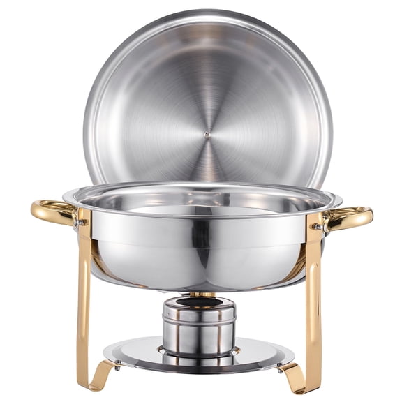 KFFKFF Chafing Dish Buffet Set, 5 Qt 4 Pack, Stainless Steel Food Warmer with 4 Full Size Pans, Round Catering Server with Lid, Water Pan, Folding Stand, and Clip,Ideal for Events and Gatherings,Gold