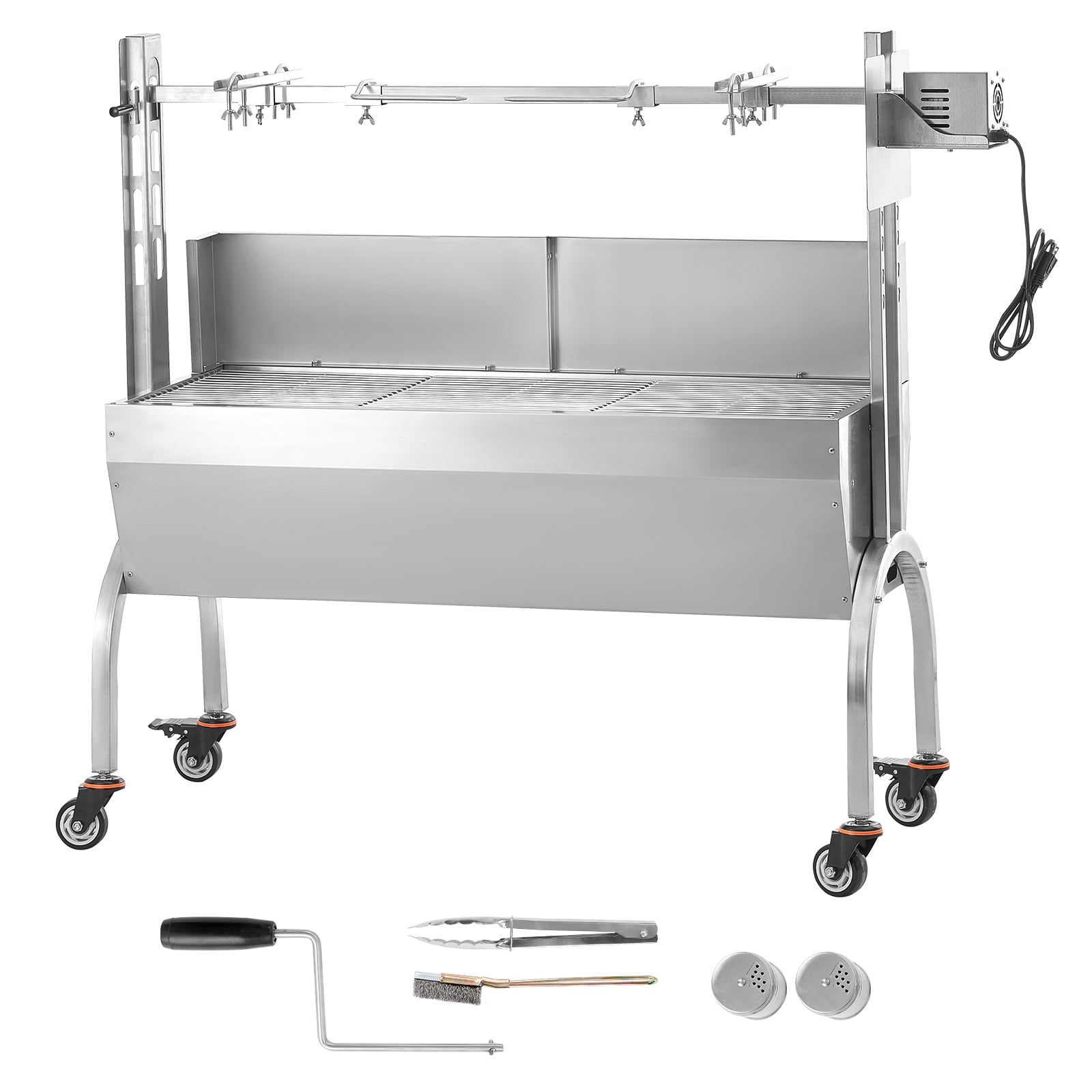 KFFKFF Charcoal Spit Roaster, 46" Windscreen BBQ Grill, Capable of Roasting Whole Pig, Lamb, Goat, 132 Lbs Load, Electric Motor 52W, Durable Stainless Construction, Portable with Locking Casters