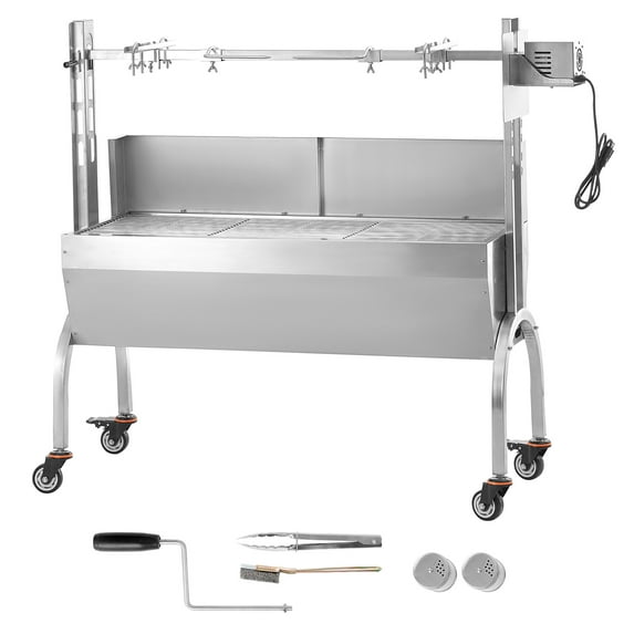 KFFKFF Charcoal Spit Roaster, 46" Windscreen BBQ Grill, Capable of Roasting Whole Pig, Lamb, Goat, 132 Lbs Load, Electric Motor 52W, Durable Stainless Construction, Portable with Locking Casters