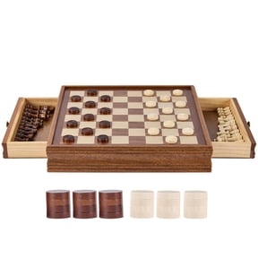 KFFKFF Chess Set Crafted from Solid Wood, 15 inch Dual-Function Chess and Checkers Game Set, Comes with Storage Drawer, Weighted Chess and Checkers Pieces, and Extra Queens