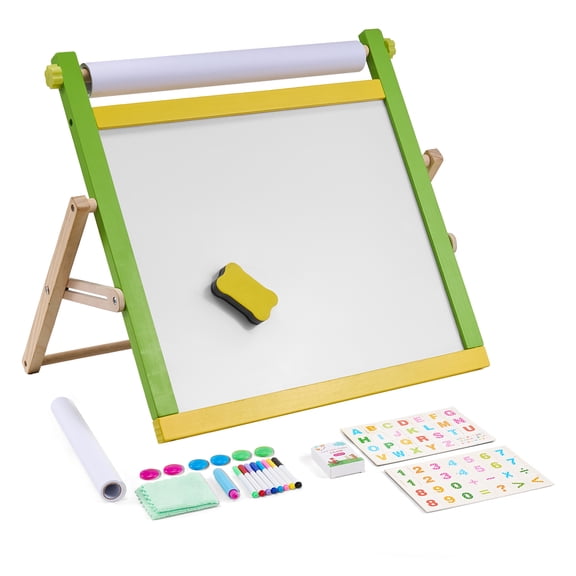 KFFKFF Children's 3-in-1 Art Easel, Wooden Dual-Sided Easel with Magnetic Whiteboard, Chalkboard, and Paper Roll. Compact, Foldable Design Includes Drawing Tools for Creative Kids