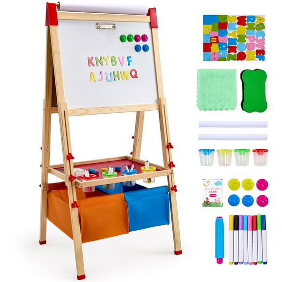 KFFKFF Children's Art Stand, Tri-Functional Wooden Dual-Faced Child's Art Stand with Magnetic Dry-Erase Board, Blackboard, Paper Roll, Adjustable Stand-Up Sketching Board with Art Supplies, Storage