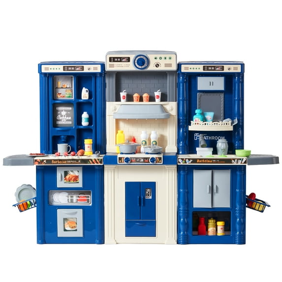 KFFKFF Children's Cooking Corner, 3-in-1 Play Kitchen, Features Simulated Spray, Sound & Light Effects, Includes 74-Piece Toy Cookware, Ideal for Kids 3-8 Years Old, Blue