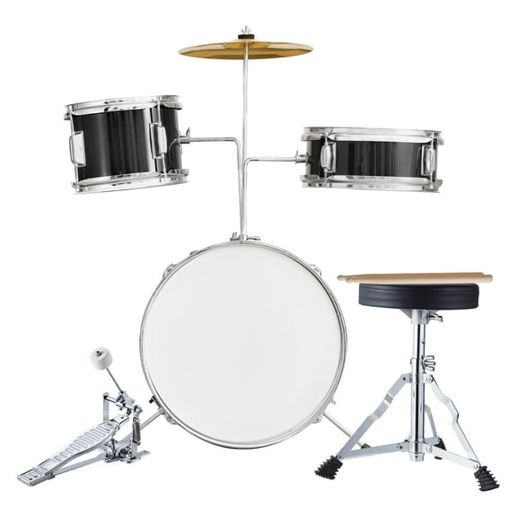 KFFKFF Children's Drum Kit, 3-Piece Drum, 14'' Starter Set with Adjustable Seat, Cymbal, Pedal, 2 Drumstick Sets, 8'' Tom, 10'' Snare, 14'' Bass, Ideal for Young Musicians, Black