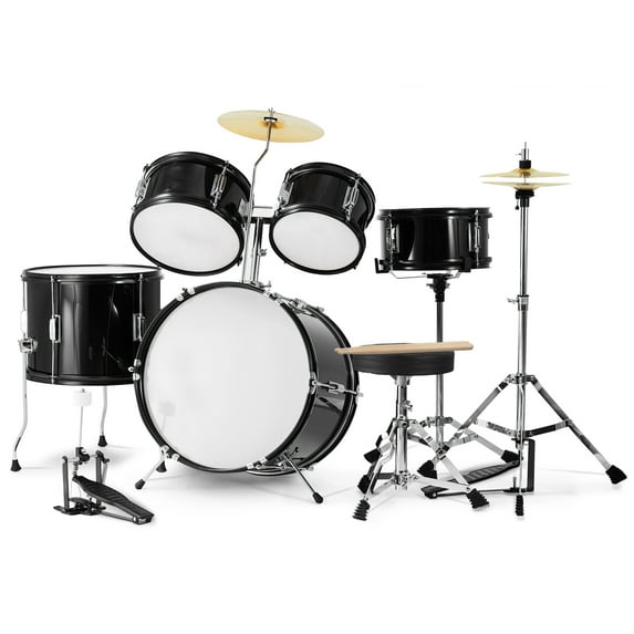 KFFKFF Children's Drum Kit, 5-Piece, 16 inch Introductory Complete Drum Set including Bass Toms Snare Floor Drum, Adjustable Seat, Cymbal Hi-Hat Pedal, and Dual Sets of Drumsticks