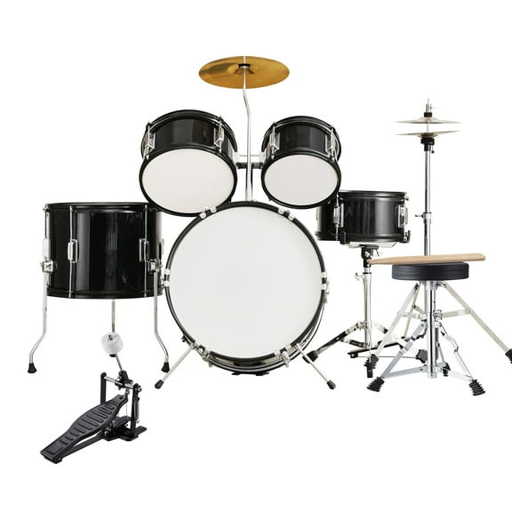 KFFKFF Children's Drum Kit, 5-Piece , 16 '', Complete Starter Set including Bass, Toms, Snare, Floor Drum, Adjustable Seat, Cymbal, Hi-Hat, Pedal, & Two Drumstick Pairs, Ideal for Beginners, Black