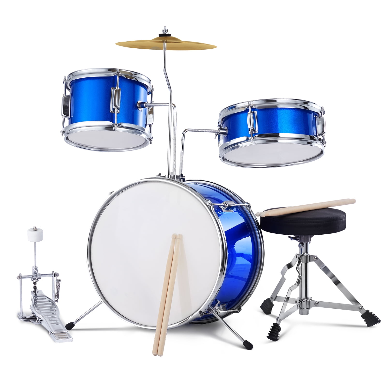 KFFKFF Children's Drum Set, Trio Ensemble, 14-inch Novice Drum Set with Modifiable Stool, Cymbal Pedal, Dual Drumstick Pairs, 8'' Tom Drum, 10'' Snare Drum, 14'' Bass Drum