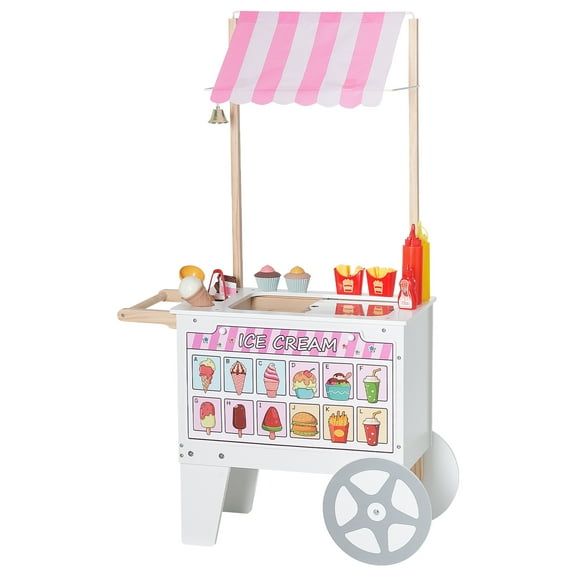 KFFKFF Children's Ice Cream Trolley, Over 20 Toy Accessories, Imaginative Ice Cream Parlor Kitchen Playset with Ice Cream and Popsicle Models, Canopy & Cooling Unit