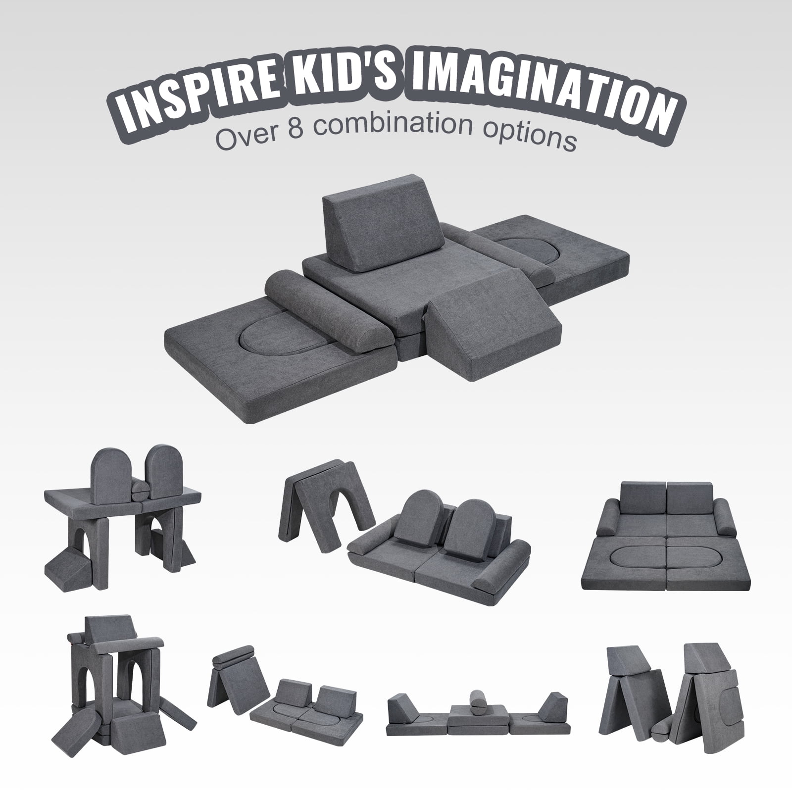 KFFKFF Children's Modular Sofa, 10-Piece Play Couch Set for Toddlers, Convertible Kids Lounge Chair, Playroom Seating with Washable Cover, Grey, Ideal for Boys & Girls