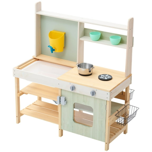 KFFKFF Children's Mud Kitchen, Playset Made of Wood, Outdoor Miniature Supermarket Set for Toddlers, Imaginative Play Kitchen with Cooking Range, Reservoir, Tap, Storage Sack, Metallic Containers