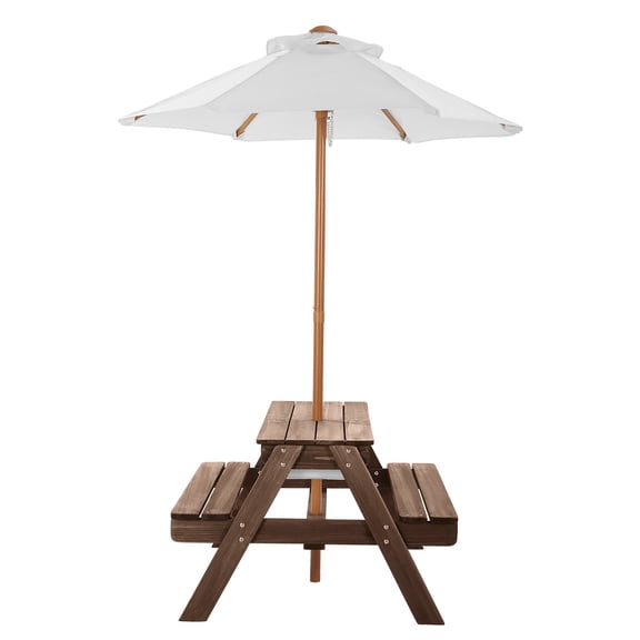 KFFKFF Children's Picnic Table with Umbrella, Multi-functional Sand & Water Table, Outdoor Wooden Table and Bench Set with Dual Trays, Seating for Four, Ideal for Garden, Backyard, and Porch (Walnut)