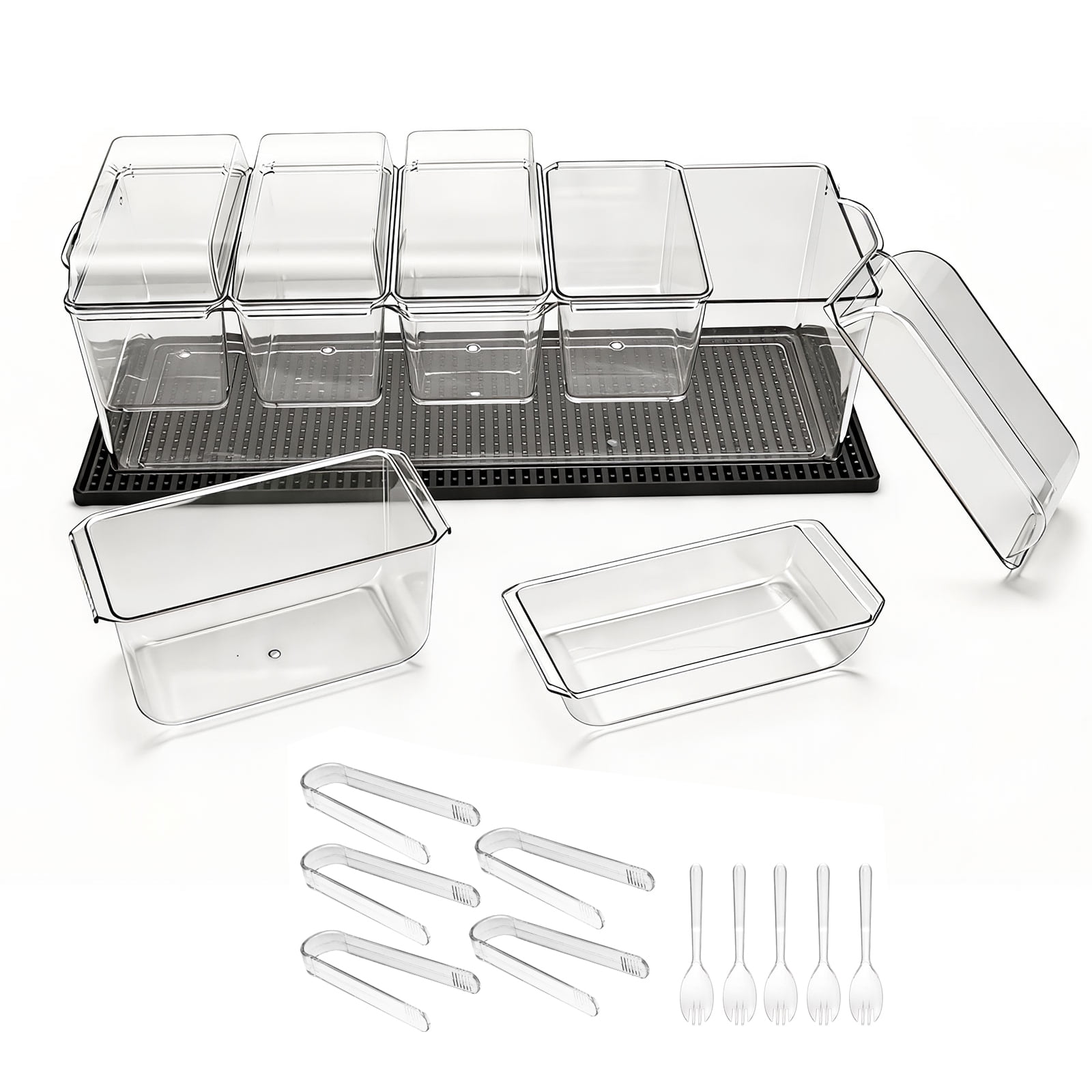 KFFKFF Chilled Condiment Server Caddy with 5 Compartments, Ice-Cooled Serving Tray with Individual Lids, Plastic Garnish Organizer for Taco Bars, Parties, Home, and Restaurant Use