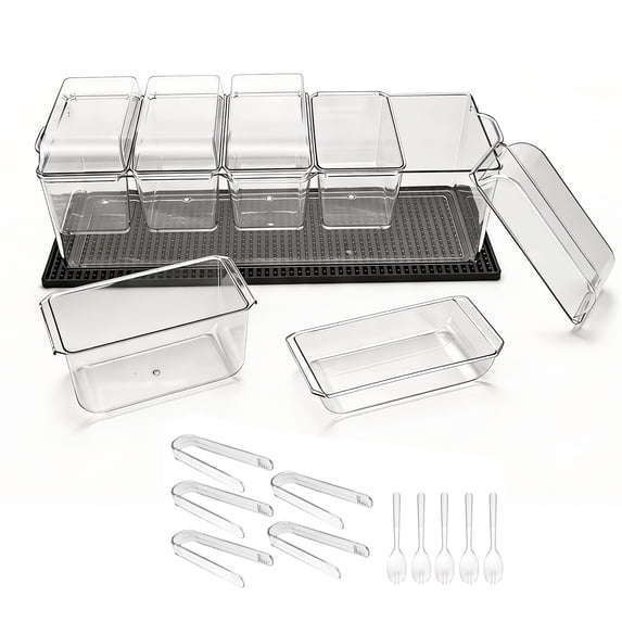 KFFKFF Chilled Condiment Server Caddy with 5 Compartments, Ice-Cooled Serving Tray with Individual Lids, Plastic Garnish Organizer for Taco Bars, Parties, Home, and Restaurant Use