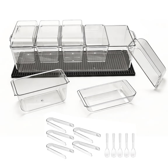 KFFKFF Chilled Condiment Server Caddy with 5 Compartments, Ice-Cooled Serving Tray with Individual Lids, Plastic Garnish Organizer for Taco Bars, Parties, Home, and Restaurant Use