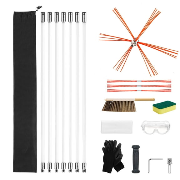 KFFKFF Chimney Cleaning Kit, 23 ft Extendable Length Brush with Replacement Bristles & Safety Goggles, Flexible Design for 90 Angles, Suitable for Square and Rectangular Chimneys