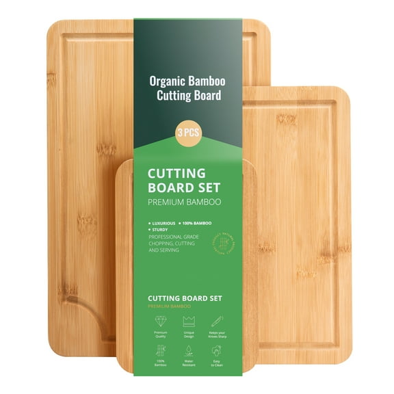 KFFKFF Chopping Surface, Trio Set, Superior Multi-Use Bamboo Board Treated with Edible Oil and Incorporated Juice Trench, Robust & Long-lasting Slicing Board with Integrated Grip