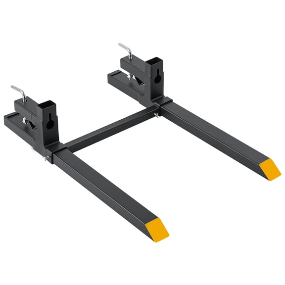 KFFKFF Clamp-On Pallet Forks, 2000 lbs Capacity, 43-Inch Length with Yellow Tips, Compatible with Tractors, Skid Steers, and Loaders, Adjustable Stabilizer Bar, Durable Reinforced Design