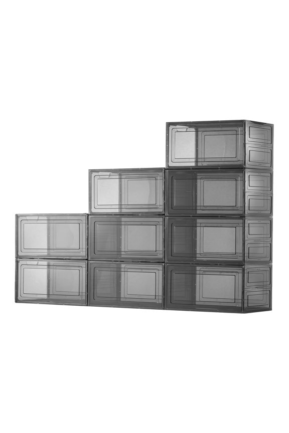 Clear Stackable Shoe Storage Boxes, Set of 9 with Magnetic Doors, Suitable for US Size 13 Shoes, Plastic Containers for Sneakers, High Heels, Boots, and Hats, Transparent Black