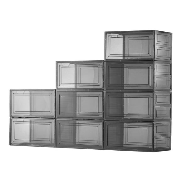 KFFKFF Clear Stackable Shoe Storage Boxes, Set of 9 with Magnetic Doors, Suitable for US Size 13 Shoes, Plastic Containers for Sneakers, High Heels, Boots, and Hats, Transparent Black