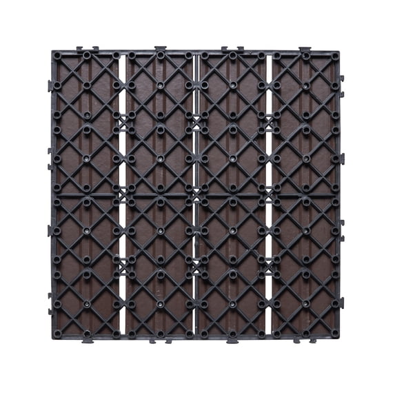 KFFKFF Click-Together Deck Tiles, Plastic Wood, Set of 27, 12"x12" Covering 27 sq. ft, Resilient Outdoor Flooring for All Climates, Ideal for Patio, Porch, Poolside, Balcony, and Backyard