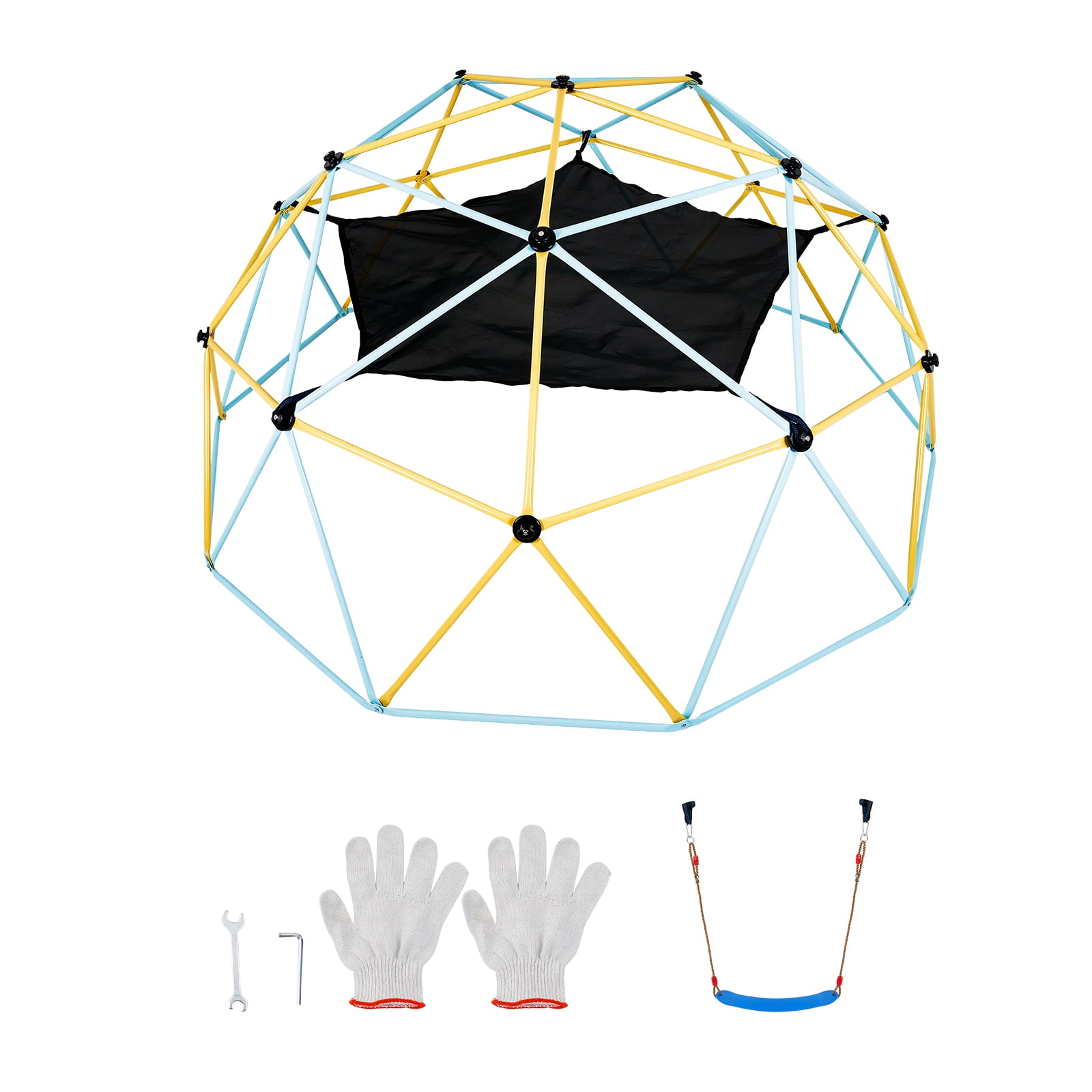 KFFKFF Climbing Dome, Ages 3-10, 10FT Dome with Swing & Hammock, Jungle Playset Holds 750LBS, Simple Setup, Includes Grips, Ideal for Outdoor Fun