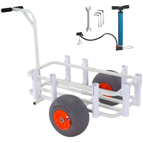 KFFKFF Coastal Fishing Trolley, Supports up to 300 lbs, Marine and Angling Cart with Pair of 13" Large PU Balloon Wheels for Sandy Terrain, Robust Aluminum Pier Cart with Eight Rod Compartments