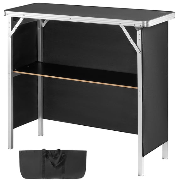 KFFKFF Collapsible Mobile Bar Table, Display Stand for Indoor and Outdoor Events, Gatherings, Picnics, Showcases, Comes with Transport Bag, Storage Rack and Dark Drape