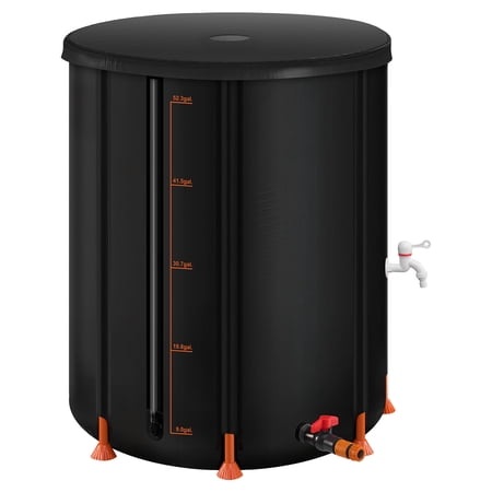 KFFKFF Collapsible Rain Barrel, 53 Gallon Portable Rainwater Collection System, Durable 1000D PVC Garden Water Storage Tank with Spigot and Overflow Kit, Black