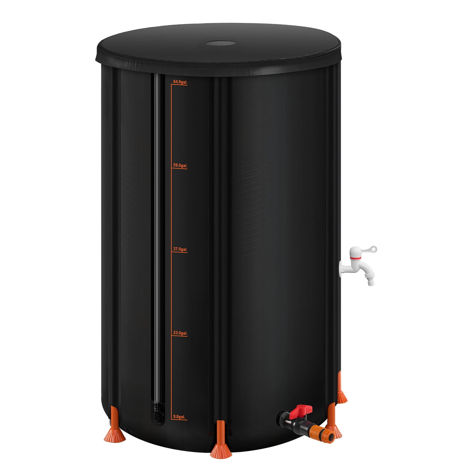 KFFKFF Collapsible Rain Barrel, 66 Gallon Portable Rainwater Collection System, 500D PVC Garden Water Storage Container with Spigot & Overflow Kit, Black