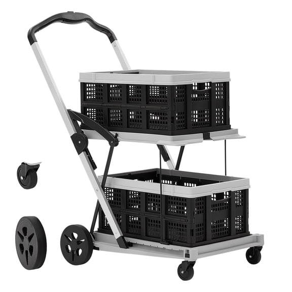 KFFKFF Collapsible Shopping Cart with Wheels, Foldable Utility Cart for Groceries, Black and Gray, 200lbs Capacity, Rolling Storage Crate with Foot Brake, Portable Design for Supermarket