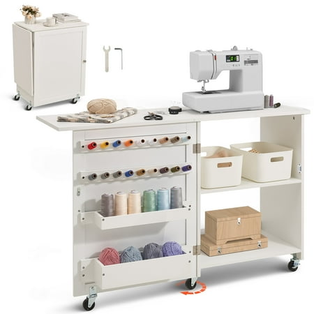 KFFKFF Sewing Table & Desk, Versatile Tailoring Machine Stand with Streamlined Design, Casters, Racks, Organizing Bins, Timber Dowels, and Magnetized Entrances, Tailoring Workstation Cabinet