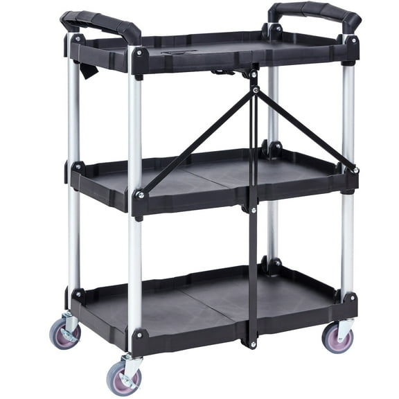 KFFKFF Collapsible Utility Service Trolley, 3-Tier 165LBS Robust Plastic Mobile Cart with Secure Wheels, Comfortable Grip, Handy Garage Equipment Trolley for Warehouse/Office/Home