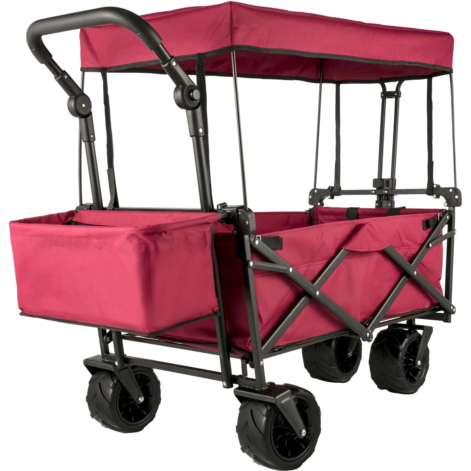 KFFKFF Collapsible Wagon Cart with Removable Canopy, Portable Folding Utility Garden Cart 600D Oxford Cloth Foldable Beach Wagon Cart w/ Oversized Wheels, Adjustable Handles, Rear Storage (Red)