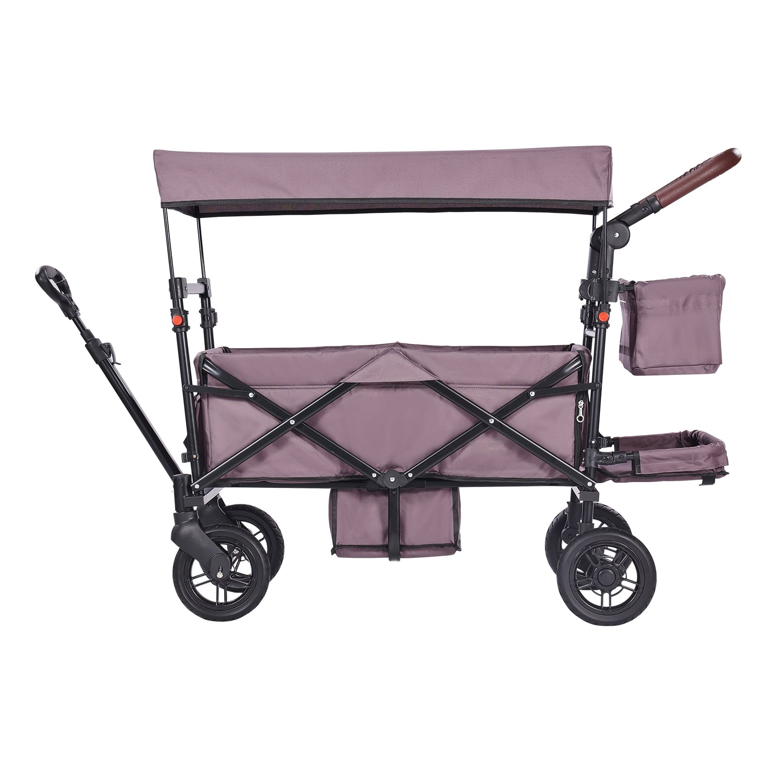 KFFKFF Collapsible Wagon Stroller for Two Kids, Push and Pull Design with Adjustable Handle, Safety Harness, Removable Canopy, 4 Wheels with Brakes, Multipurpose Tandem Stroller