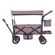 KFFKFF Collapsible Wagon Stroller for Two Kids, Push and Pull Design with Adjustable Handle, Safety Harness, Removable Canopy, 4 Wheels with Brakes, Multipurpose Tandem Stroller