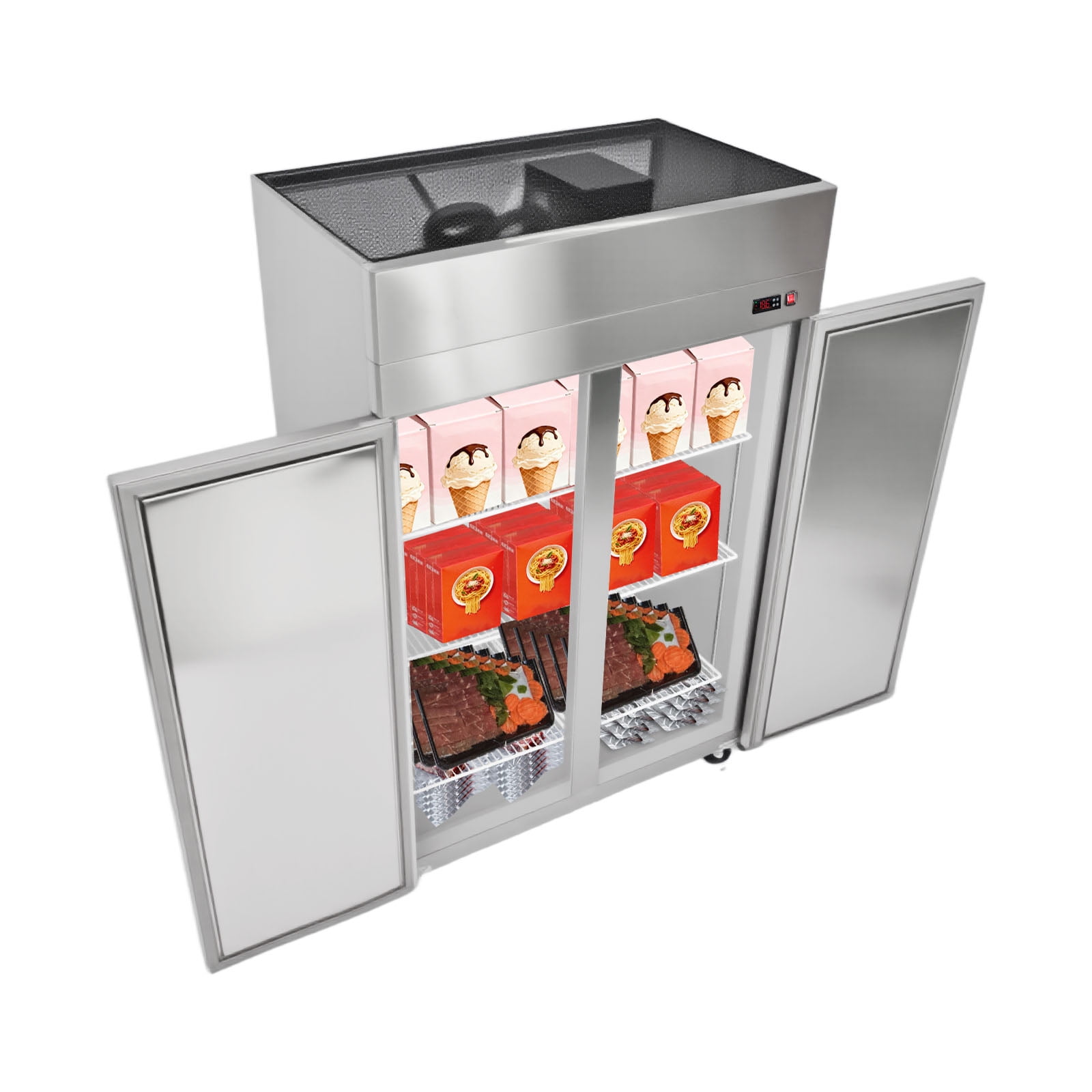 KFFKFF Commercial 48" Wide Stainless Steel Upright Freezer, 33 Cu.Ft Capacity with Double Glass Doors, Auto-Defrost, 6 Adjustable Shelves, -11 to 14℉ Temperature Range, UL Certified