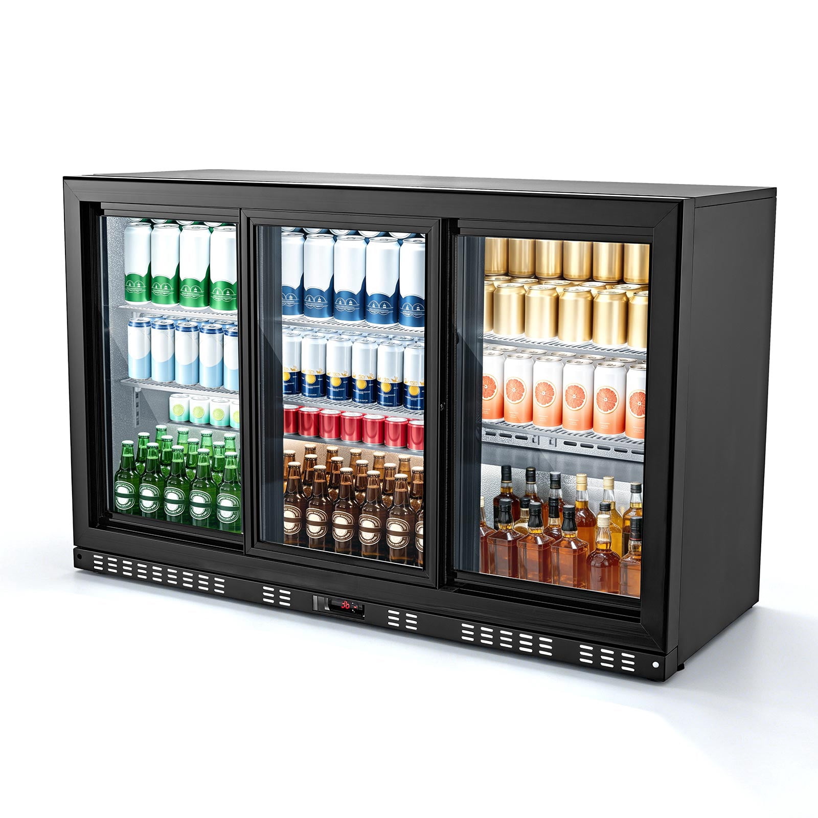KFFKFF Commercial Back Bar Cooler, 11.4 Cu.Ft Beverage Refrigerator with 3 Sliding Glass Doors, Fan Cooling System, LED Lighting, Adjustable Shelves, and Low-E Glass for Drinks in Bars or Stores