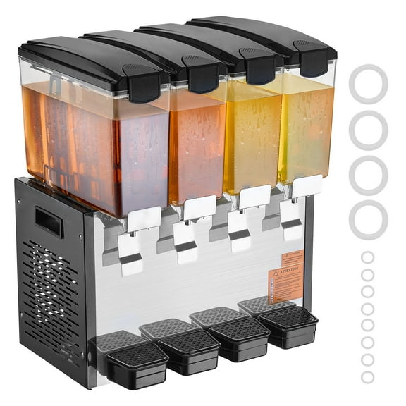 KFFKFF Commercial Beverage Dispenser with 4 Tanks, 10 L / 10.6 QT Capacity Per Tank, 430W Stainless Steel Drink Machine for Cold Beverages, Cooling Temperature Range of 45°F-54°F