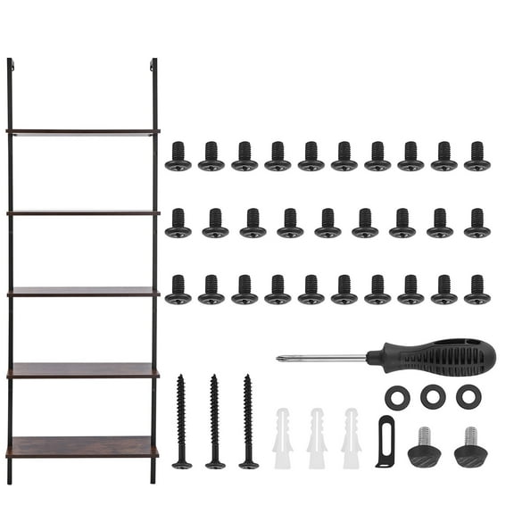 KFFKFF 5-Tier Ladder Shelf, 24x11.8in, Wall-Mounted Open Bookshelf with Metal Frame, Storage Rack for Kitchen, Bedroom, Bathroom, Living Room, Black