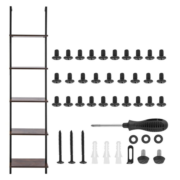 KFFKFF 5-Tier Ladder Shelf, 15.6x11.8in, Wall-Mounted Open Shelf with Metal Frame, Storage Rack for Kitchen, Bedroom, Bathroom, Living Room, Black