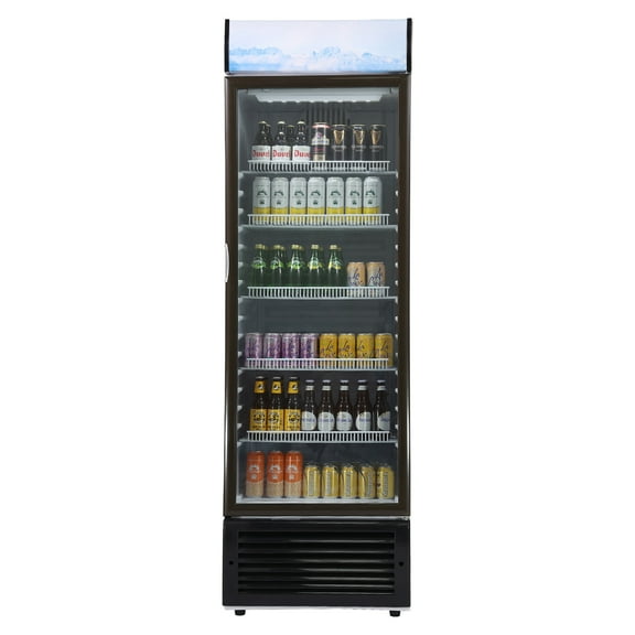 KFFKFF Commercial Display Fridge, 14.8 Cu.Ft / 420L, Beverage Cooler with Glass Door, Upright Refrigeration Unit with 5 Adjustable Shelves, Includes Customizable Lightbox